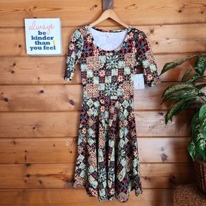 LULAROE 💜 NWT Nicole Dress Batik Pleated Fit Flare Floral Half Sleeve Stretch S